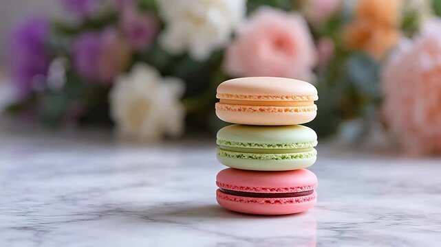 Stacked colorful macarons on marble