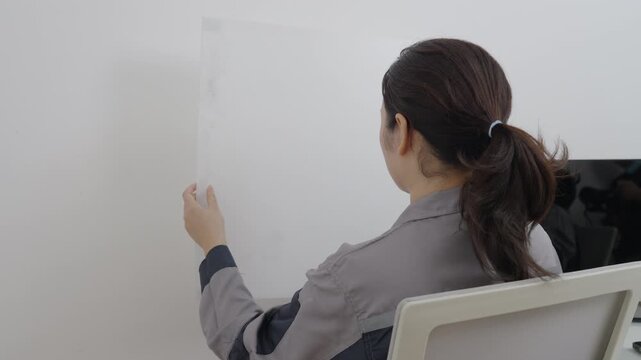 Asian female construction worker is attaching corrugated plastic sheets to a concrete wall in an office.