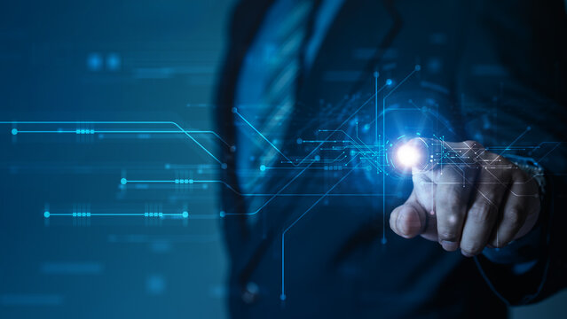 Abstract digital data stream with AI light interface controlled by human hand. Represents information flow, big data processing, artificial intelligence, database transfer, futuristic technology.