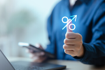 Investor comparing interest rates and annual percentage yield on digital dashboard with smartphone....