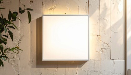 テクスチャ豊かなベージュの壁に設置された正方形ライトボックスのモックアップ