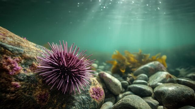 Underwater scene at a rocky shore with sea urchin and sunlight filtering through water in a coastal environment
