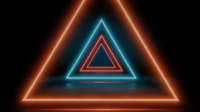 Glowing neon triangles create a tunnel effect against a dark background with reflections