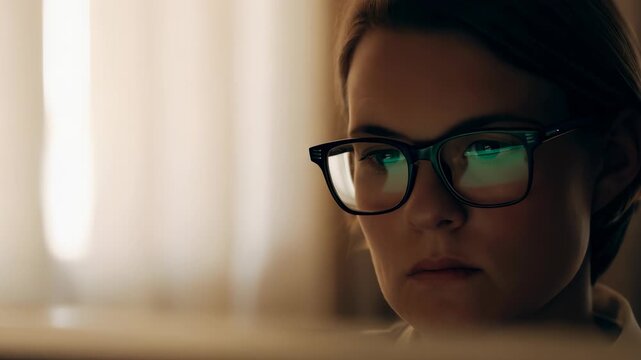 Woman Wearing Glasses Focused on Computer Screen