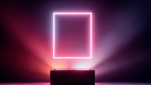 Illuminated neon square sits atop a black pedestal, in a gradient lit space