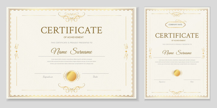 Professional certificate of achievement template set with elegant gold borders and ornaments. Luxury classic design for diplomas, awards, and appreciation documents. High-quality editable vector.