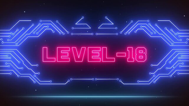 Cyberpunk style level 18 screen for virtual reality titan battles, high rank arcade reviews and victory arena overlays