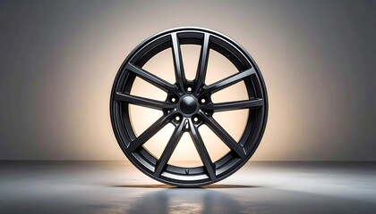 A sleek black wheel with a modern design stands alone in a spotlight