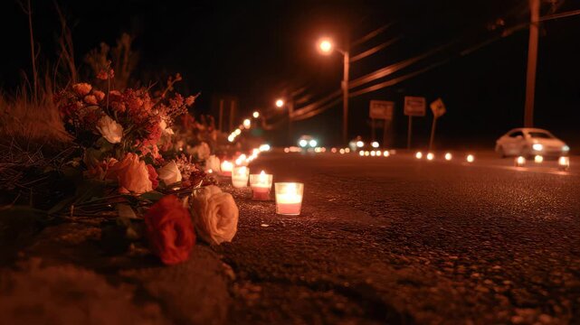 Candlelight memorial on a road with flowers in remembrance of lost lives during the night at an unspecified location