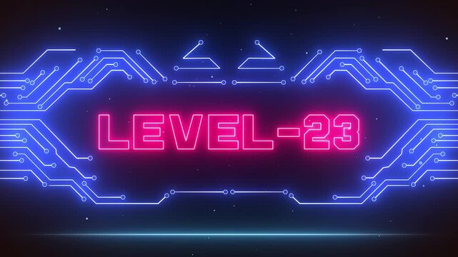 Cyberpunk style level 23 screen for virtual reality stealth missions, legendary arcade reviews and mission overlays