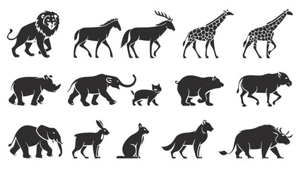 Obraz premium Set of 20 Lion Animal Glyphs and Icons, Minimalist Style, Black and White, Vector Art