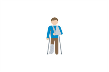 Flat illustration of injured man using crutches with arm sling and leg cast, symbolizing accident, recovery, disability support, healthcare, insurance, and medical assistance. Vector illustration.