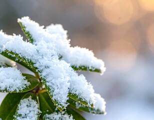 A snow-covered leafy branch against a blurred bokeh background