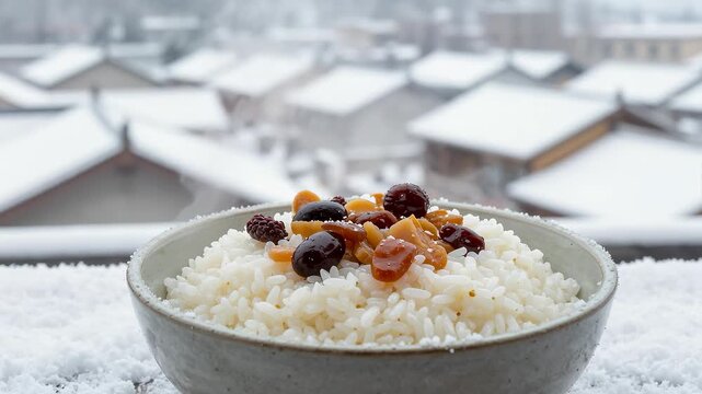 Chinese Laba rice bowl with snowy village background