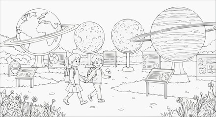 Obraz premium Children's coloring book - Two children walking in a planetarium garden with educational exhibits 