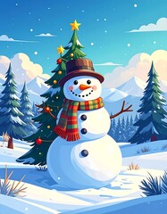 A snowman wearing a hat and scarf stands before a Christmas tree
