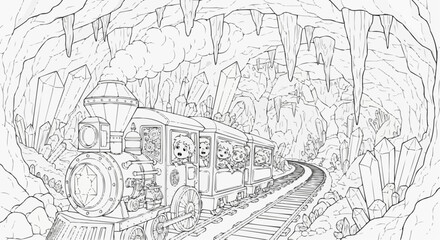 Children's coloring book - Train traveling through crystal cave 