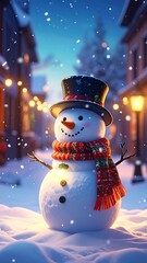 A snowman wearing a hat and scarf stands in a snowy street