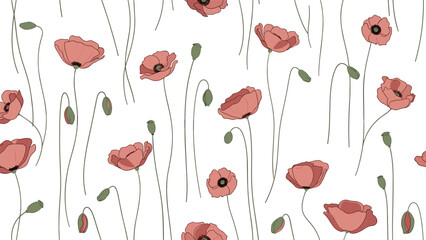 Delicate seamless pattern with pink poppy flowers and buds on thin green stems over a white background for floral textiles and decor.