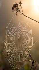 A spiderweb clings to a thin branch against a sunlit background