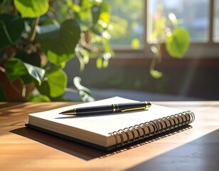 A spiral-bound notebook with a pen on a wooden desk by a sunny window