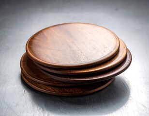 A stack of four wooden plates on a metallic surface