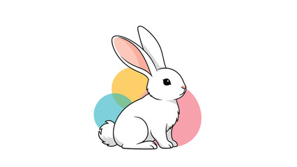 Fototapeta premium Cute white rabbit sits calmly in front of soft yellow, blue, and pink overlapping circles on a plain white background for children.