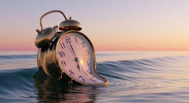 An alarm clock partially submerged in water, with the time showing 11:30, against a serene sunset backdrop.