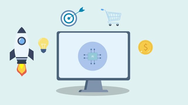 Flat illustration of a computer monitor displaying an AI ecommerce growth analytics dashboard with shopping and revenue icons. Modern concept for artificial intelligence, online sales, and digital bus