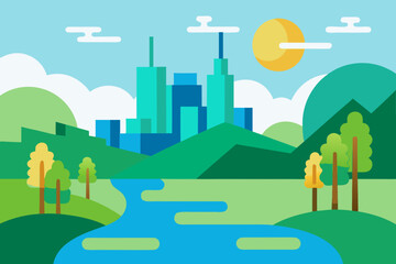 AI Smart City Nature Landscape Flat Vector Illustration