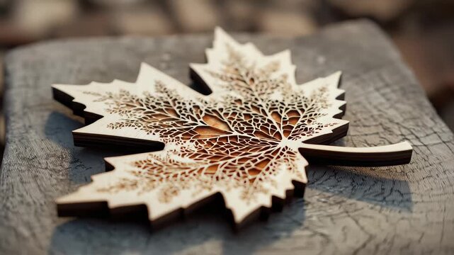 Wooden maple leaf design on a flat surface reflects craftsmanship and creativity showcasing nature's beauty in a crafted form