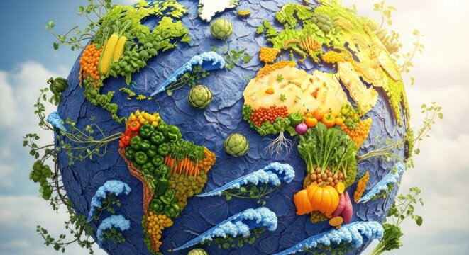 A stylized globe with continents and oceans made of various fruits and vegetables, symbolizing global food diversity and sustainability.