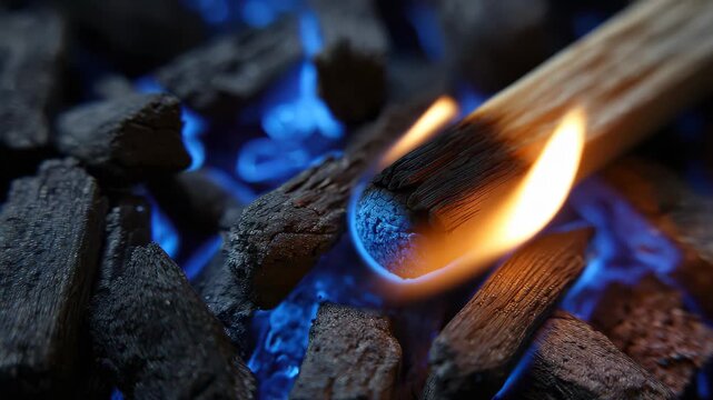Fire ignites on charcoal as a match is struck in a backyard barbecue setup during a summer afternoon