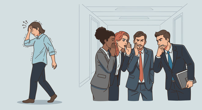 A visibly distressed individual walks away from a gossiping group, depicting the painful reality of workplace bullying, social exclusion, and emotional distress.