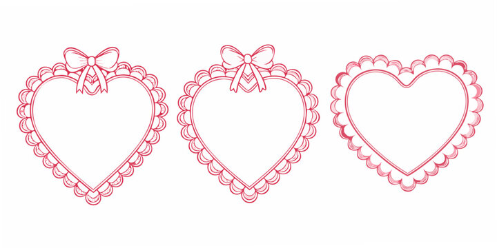 Three decorative pink heart frames with bows isolated on a white background