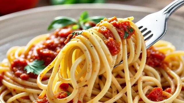 Delicious and enticing spaghetti twirled on a fork with fresh cherry tomatoes and fragrant basil leaves presented in a warm inviting setting