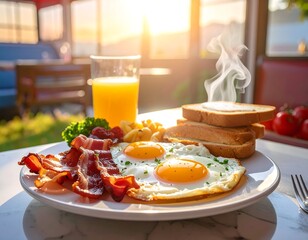 A sunny breakfast plate with eggs, bacon, toast, and orange juice
