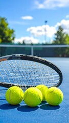 A tennis racket and three yellow balls on a blue court