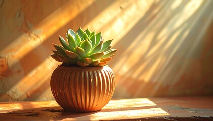 A succulent in a ribbed terracotta pot on a wooden surface