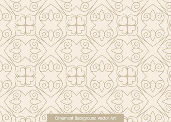 A seamless ornamental background pattern with intricate light brown line art on a cream backdrop, featuring repeating geometric and floral motifs, perfect for decorative design.