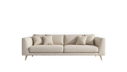 Fototapeta premium Beautifully textured cream colored three seater sofa with soft throw pillows and light wooden legs on transparent background