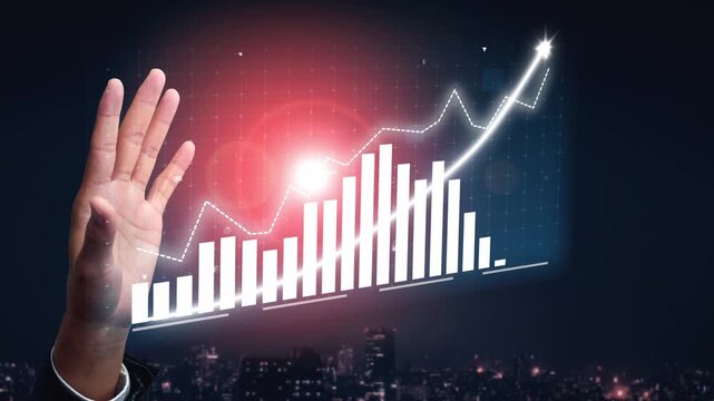 An image featuring a business person hand showcasing a growth chart against a city skyline, symbolizing financial progress and success in a digital era. Copula