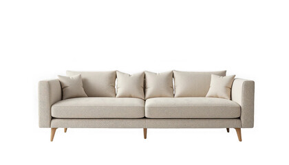 Fototapeta premium Contemporary cream textured three seater sofa featuring soft throw pillows and slender wooden legs isolated on transparent background