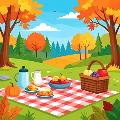 A vibrant autumn picnic scene with colorful trees and a red-and-white checkered blanket
