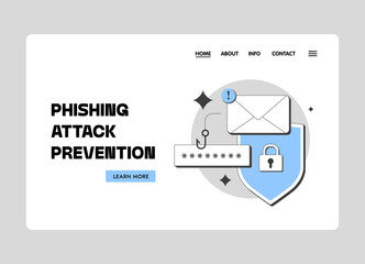 Obraz premium Phishing attack prevention landing page. Hero section with alert envelope, hook, password, lock shield. Cybersecurity education, phishing attack prevention web design technology vector illustration