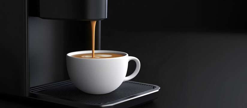 pouring coffee from coffee machine into the coffee cup black background banner