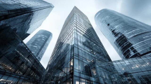 Tall glass buildings stand in a modern city under a cloudy sky during late afternoon, showcasing the architecture and urban environment
