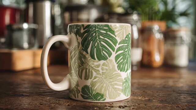 Coffee mug with green leaf design rests on a wooden table surrounded by kitchen items in a bright space during the day