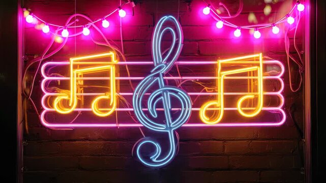 Neon lights display musical notes and a staff in a window at a music venue in the city during the evening
