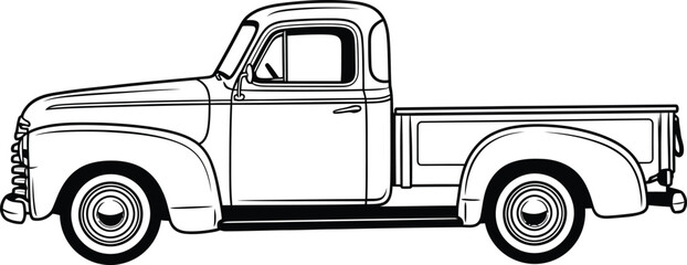Classic American pickup truck in a side profile view A black and white line art illustration of a vintage vehicle. © Vhya